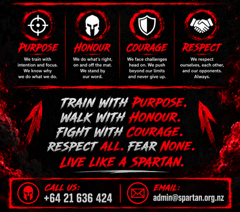 Spartan Kickboxing core values: Purpose, Honour, Courage and Respect